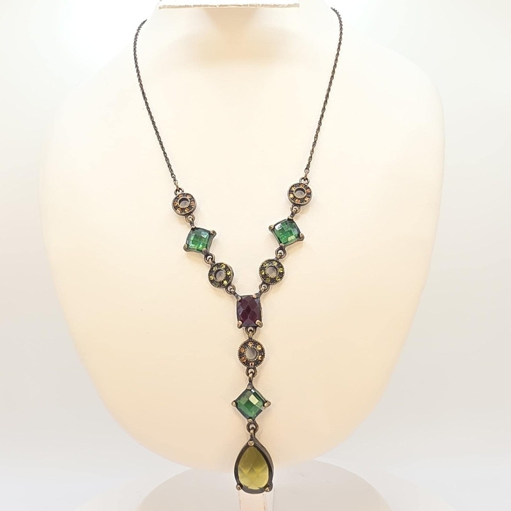 New! 1980s NINA RICCI Necklace Y-Drop Multi-Colored‎ Crystals Bronze Tone 18"